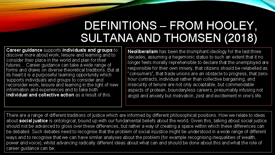 DEFINITIONS – FROM HOOLEY, SULTANA AND THOMSEN (2018) Career guidance supports individuals and groups