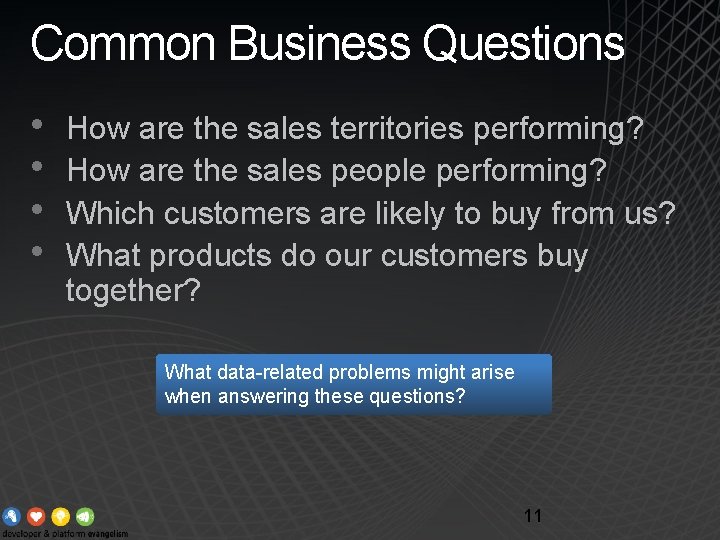 Common Business Questions • • How are the sales territories performing? How are the