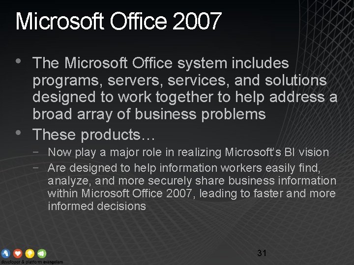 Microsoft Office 2007 • • The Microsoft Office system includes programs, servers, services, and