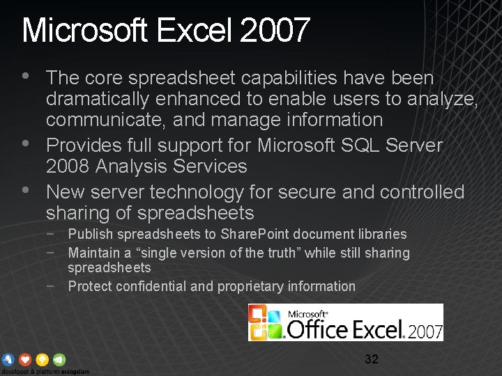 Microsoft Excel 2007 • • • The core spreadsheet capabilities have been dramatically enhanced