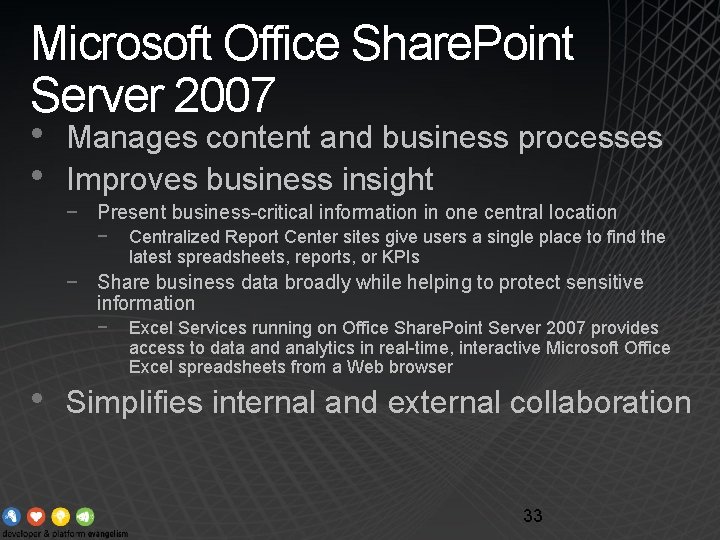 Microsoft Office Share. Point Server 2007 • • Manages content and business processes Improves