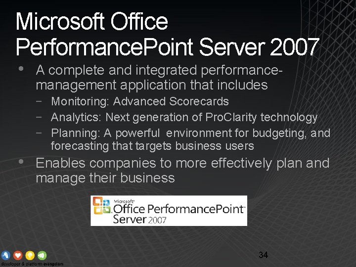 Microsoft Office Performance. Point Server 2007 • • A complete and integrated performancemanagement application