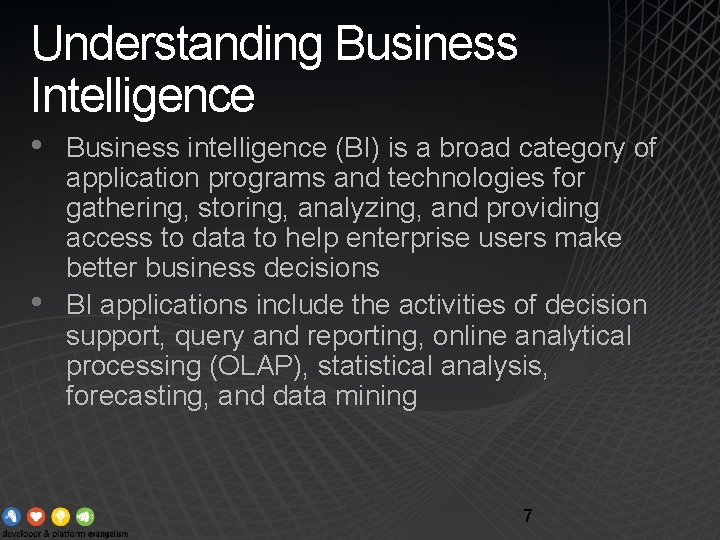 Understanding Business Intelligence • • Business intelligence (BI) is a broad category of application