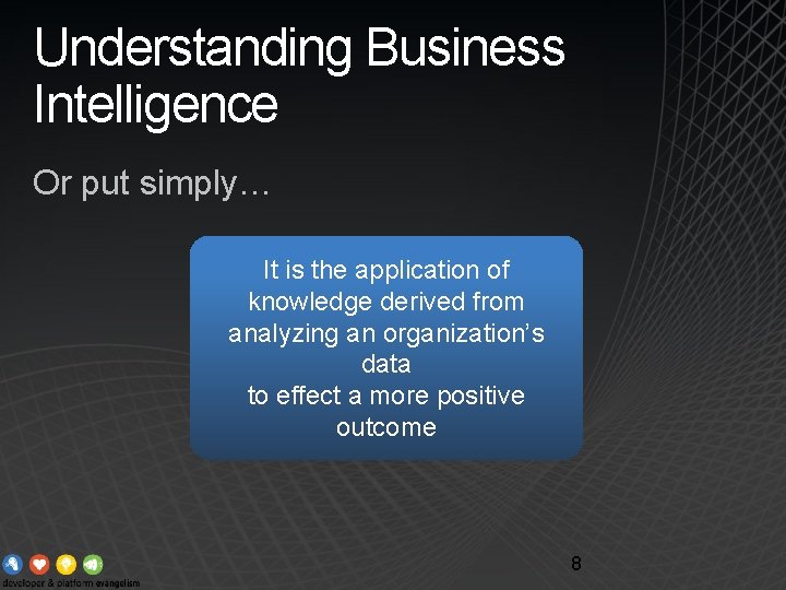 Understanding Business Intelligence Or put simply… It is the application of knowledge derived from