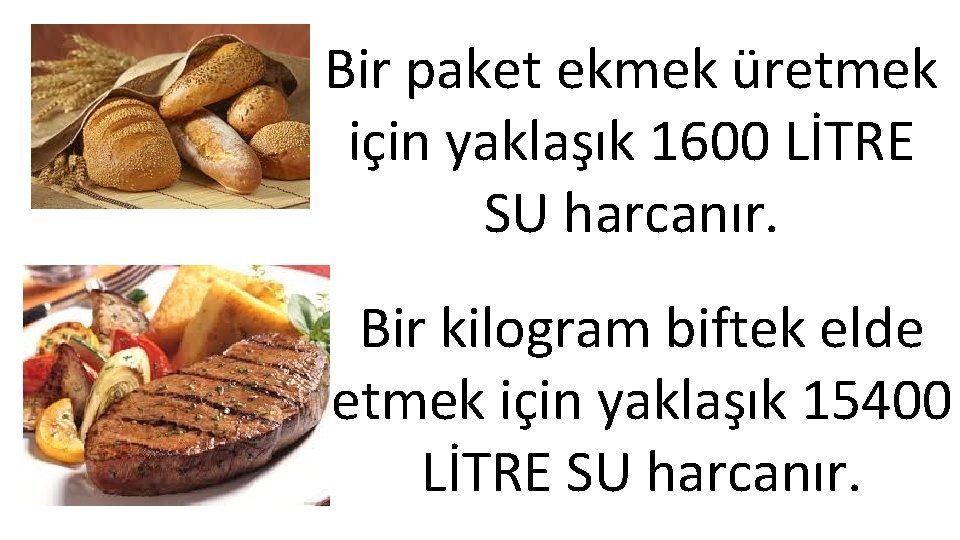 Bir paket ekmek üretmek için yaklaşık 1600 LİTRE SU harcanır. Bir kilogram biftek elde