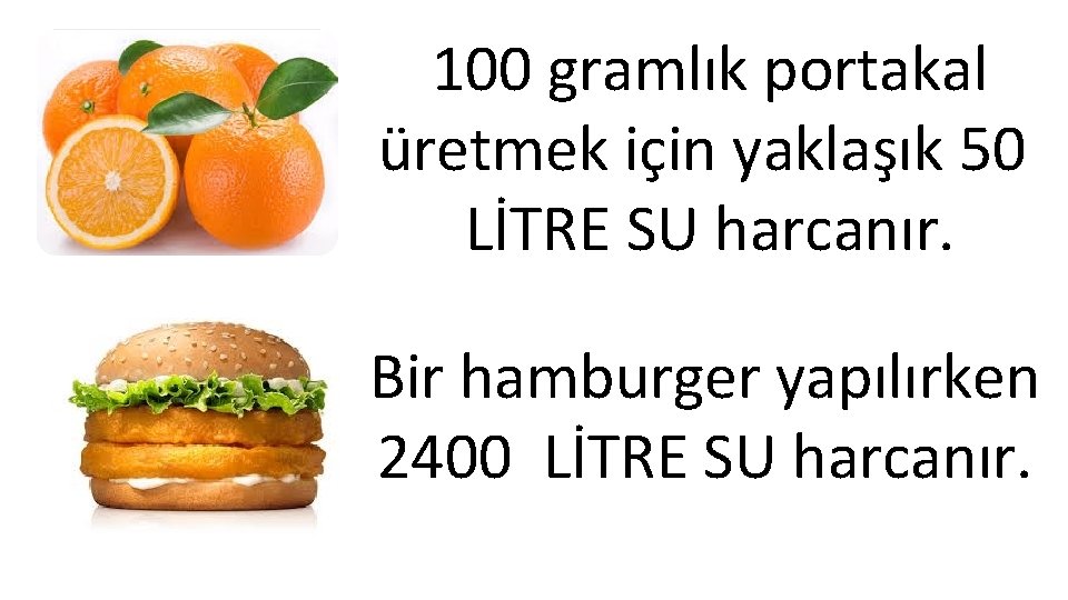 100 gramlık portakal üretmek için yaklaşık 50 LİTRE SU harcanır. Bir hamburger yapılırken 2400