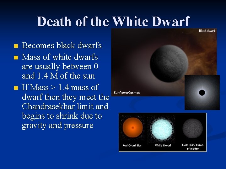 Death of the White Dwarf n n n Becomes black dwarfs Mass of white