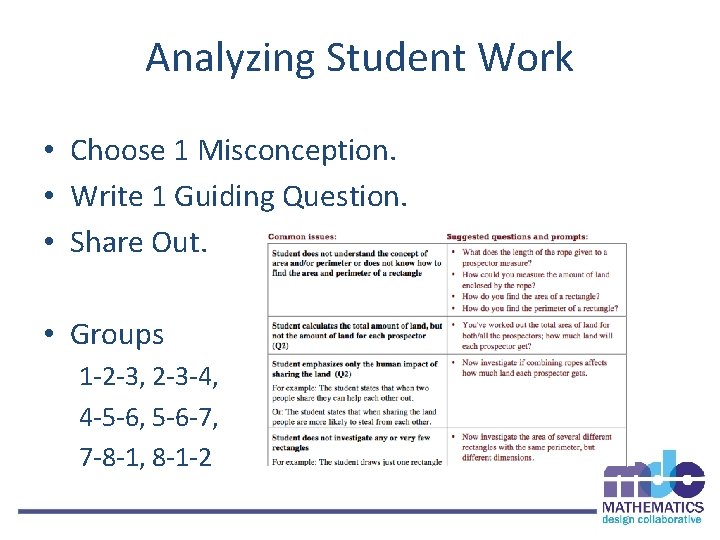 Analyzing Student Work • Choose 1 Misconception. • Write 1 Guiding Question. • Share