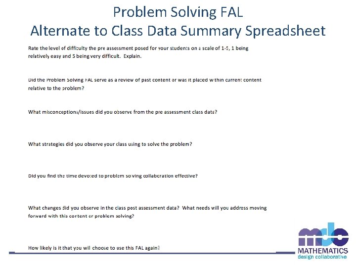 Problem Solving FAL Alternate to Class Data Summary Spreadsheet 