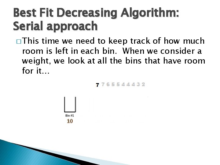 Best Fit Decreasing Algorithm: Serial approach � This time we need to keep track