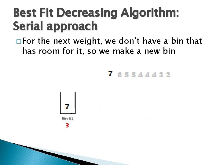 Best Fit Decreasing Algorithm: Serial approach � For the next weight, we don’t have