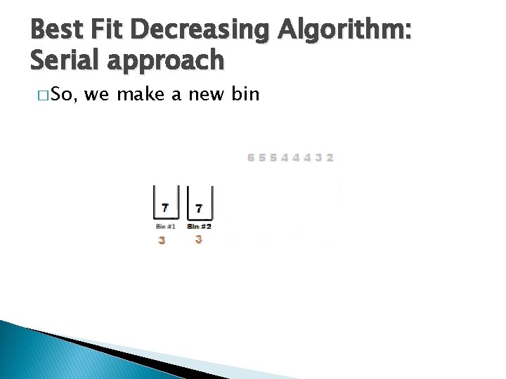 Best Fit Decreasing Algorithm: Serial approach � So, we make a new bin 