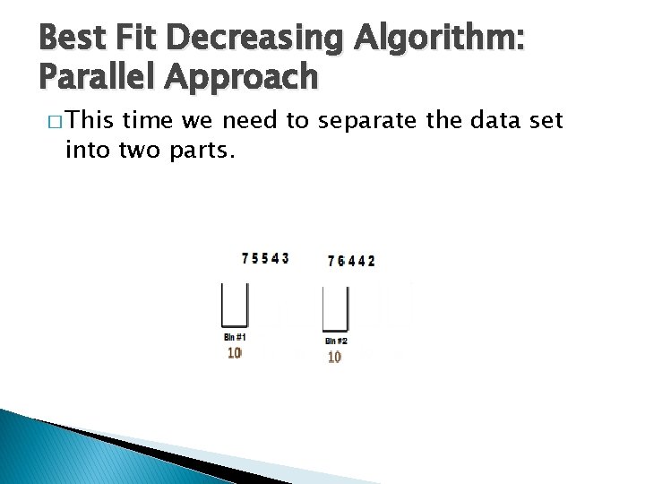 Best Fit Decreasing Algorithm: Parallel Approach � This time we need to separate the