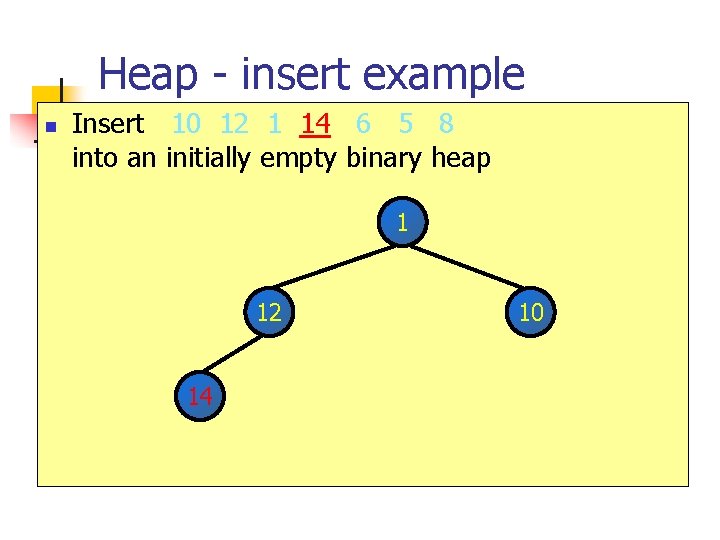 Heap - insert example n Insert 10 12 1 14 6 5 8 into