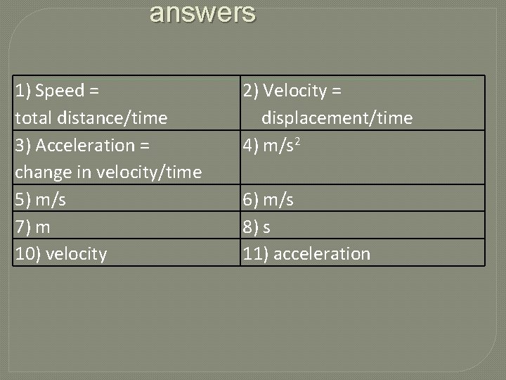 answers 1) Speed = total distance/time 3) Acceleration = change in velocity/time 5) m/s