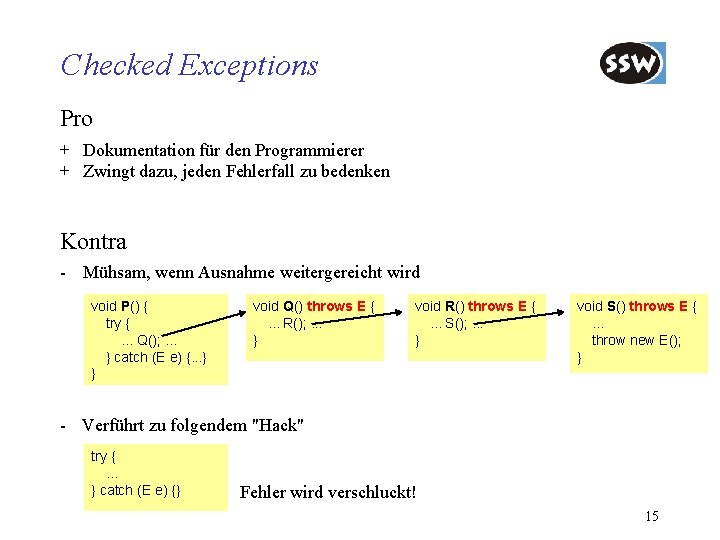 Checked Exceptions Pro + Dokumentation für den Programmierer + Zwingt dazu, jeden Fehlerfall zu