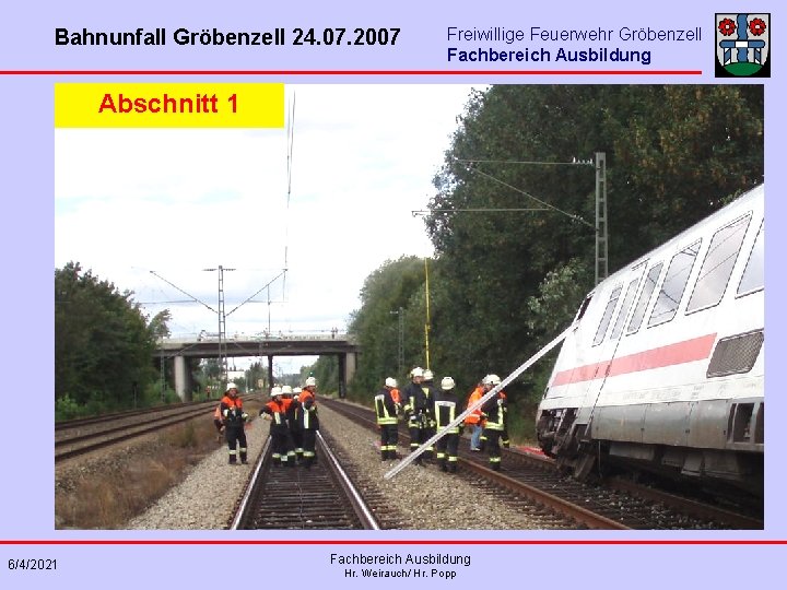 Bahnunfall Gröbenzell 24. 07. 2007 Freiwillige Feuerwehr Gröbenzell Fachbereich Ausbildung Abschnitt 1 6/4/2021 Fachbereich