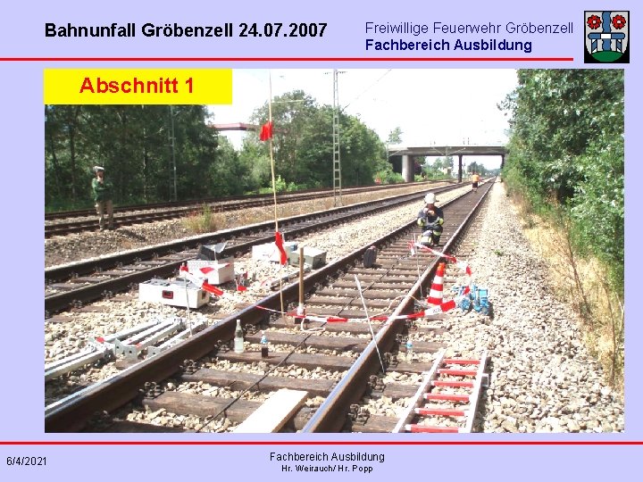 Bahnunfall Gröbenzell 24. 07. 2007 Freiwillige Feuerwehr Gröbenzell Fachbereich Ausbildung Abschnitt 1 6/4/2021 Fachbereich