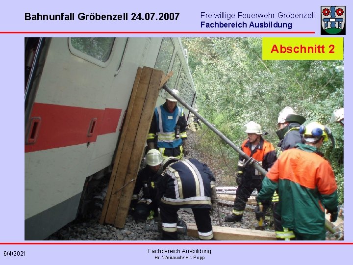Bahnunfall Gröbenzell 24. 07. 2007 Freiwillige Feuerwehr Gröbenzell Fachbereich Ausbildung Abschnitt 2 6/4/2021 Fachbereich