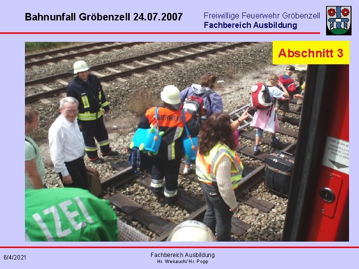 Bahnunfall Gröbenzell 24. 07. 2007 Freiwillige Feuerwehr Gröbenzell Fachbereich Ausbildung Abschnitt 3 6/4/2021 Fachbereich