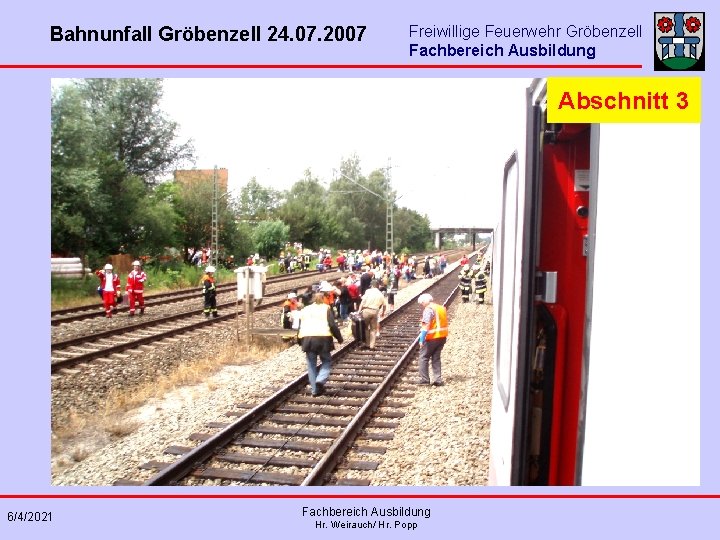 Bahnunfall Gröbenzell 24. 07. 2007 Freiwillige Feuerwehr Gröbenzell Fachbereich Ausbildung Abschnitt 3 6/4/2021 Fachbereich