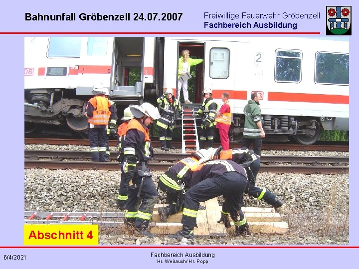 Bahnunfall Gröbenzell 24. 07. 2007 Freiwillige Feuerwehr Gröbenzell Fachbereich Ausbildung Abschnitt 4 6/4/2021 Fachbereich