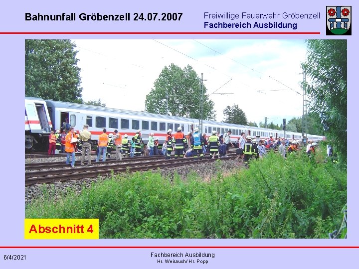 Bahnunfall Gröbenzell 24. 07. 2007 Freiwillige Feuerwehr Gröbenzell Fachbereich Ausbildung Abschnitt 4 6/4/2021 Fachbereich