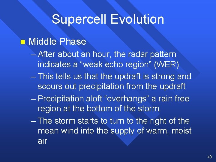 Supercell Evolution n Middle Phase – After about an hour, the radar pattern indicates Supercell Evolution n Middle Phase – After about an hour, the radar pattern indicates