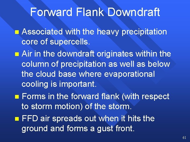 Forward Flank Downdraft Associated with the heavy precipitation core of supercells. n Air in Forward Flank Downdraft Associated with the heavy precipitation core of supercells. n Air in