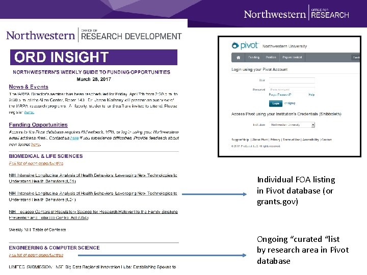 Individual FOA listing in Pivot database (or grants. gov) Ongoing “curated “list by research
