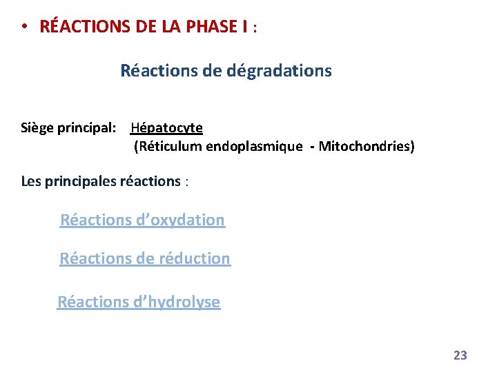  • RÉACTIONS DE LA PHASE I : Réactions de dégradations Siège principal: Hépatocyte