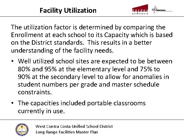 Facility Utilization The utilization factor is determined by comparing the Enrollment at each school