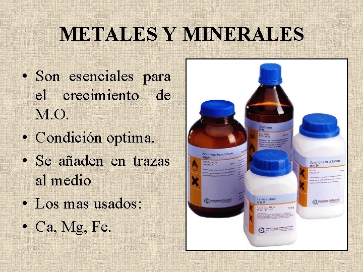 METALES Y MINERALES • Son esenciales para el crecimiento de M. O. • Condición