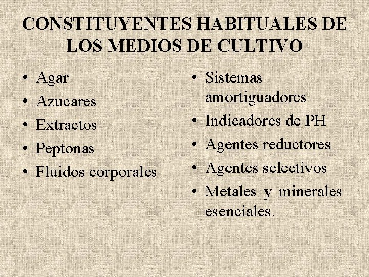 CONSTITUYENTES HABITUALES DE LOS MEDIOS DE CULTIVO • • • Agar Azucares Extractos Peptonas