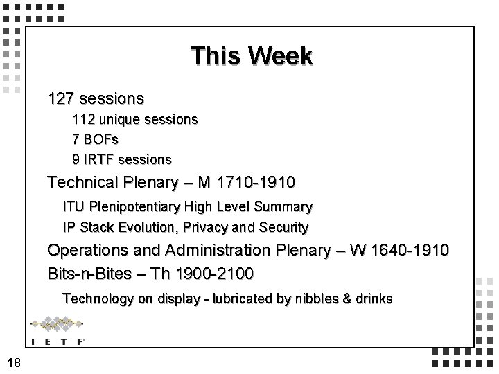 This Week 127 sessions 112 unique sessions 7 BOFs 9 IRTF sessions Technical Plenary