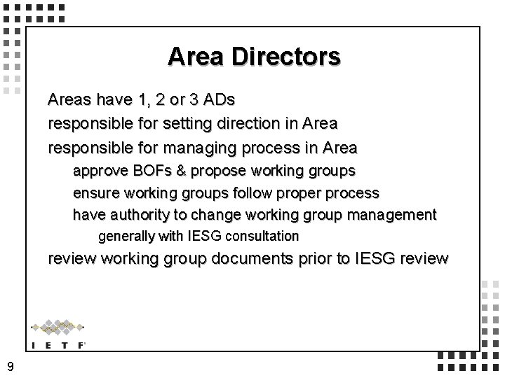 Area Directors Areas have 1, 2 or 3 ADs responsible for setting direction in