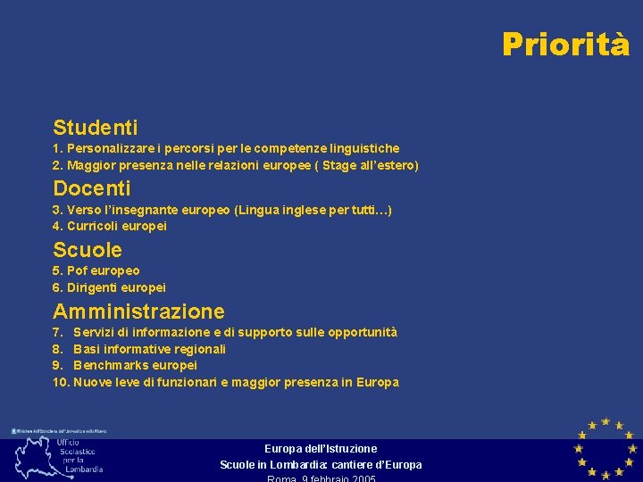 Priorità Studenti 1. Personalizzare i percorsi per le competenze linguistiche 2. Maggior presenza nelle