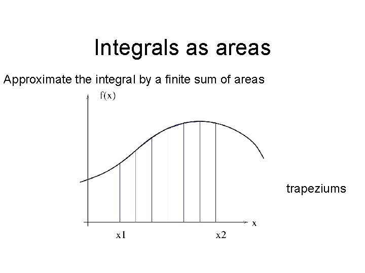 Integrals as areas Approximate the integral by a finite sum of areas trapeziums 