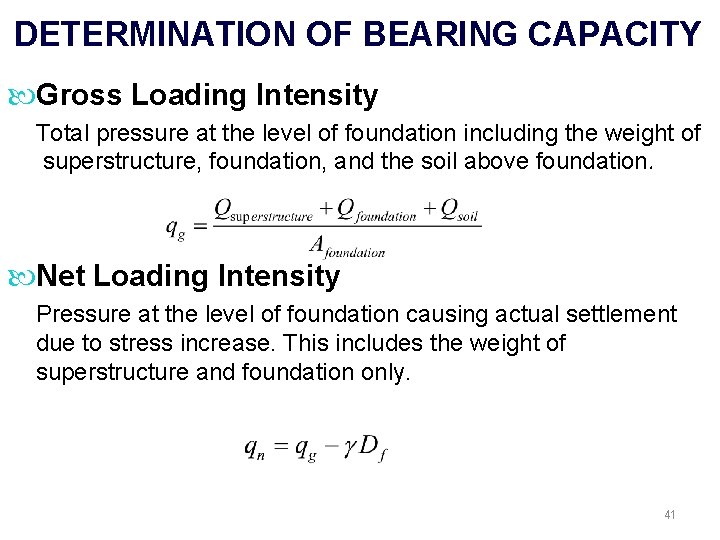 DETERMINATION OF BEARING CAPACITY Gross Loading Intensity Total pressure at the level of foundation