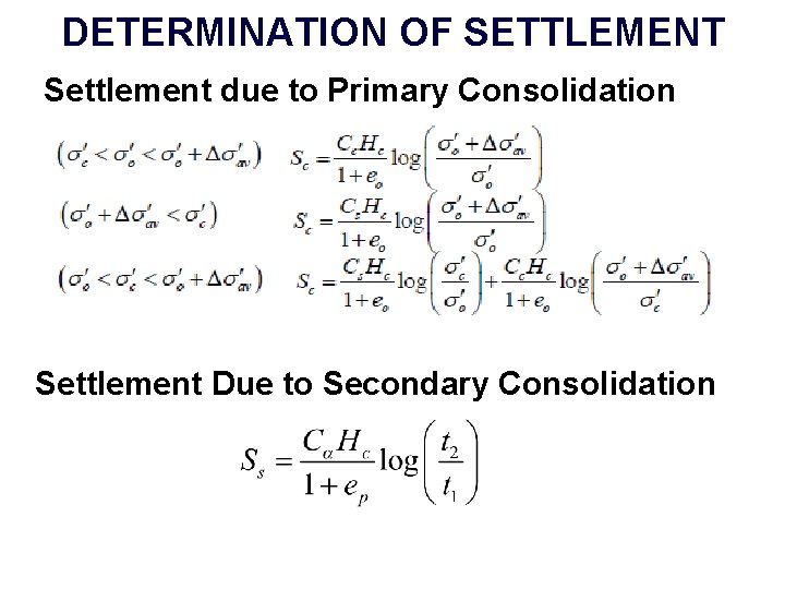 DETERMINATION OF SETTLEMENT Settlement due to Primary Consolidation Settlement Due to Secondary Consolidation 