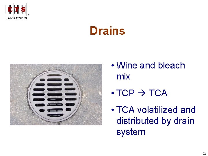 Drains • Wine and bleach mix • TCP TCA • TCA volatilized and distributed