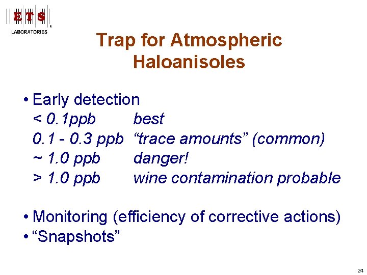 Trap for Atmospheric Haloanisoles • Early detection < 0. 1 ppb best 0. 1