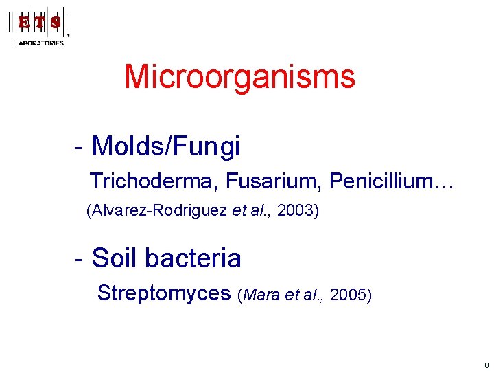 Microorganisms - Molds/Fungi Trichoderma, Fusarium, Penicillium… (Alvarez-Rodriguez et al. , 2003) - Soil bacteria