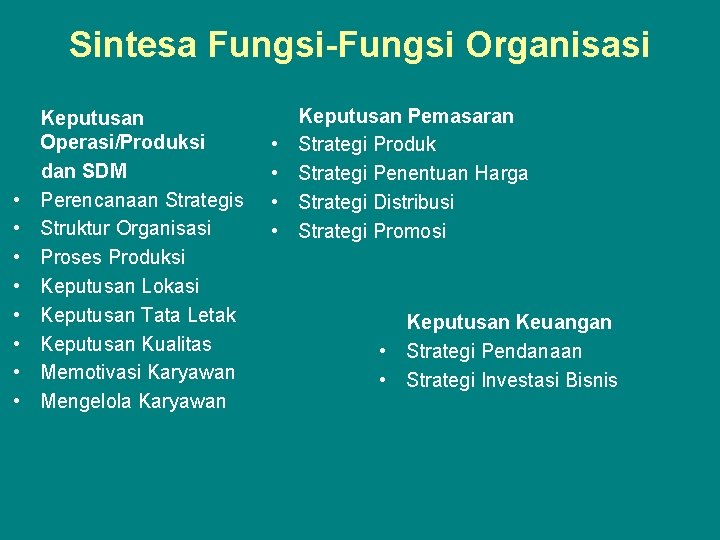 Sintesa Fungsi-Fungsi Organisasi • • Keputusan Operasi/Produksi dan SDM Perencanaan Strategis Struktur Organisasi Proses