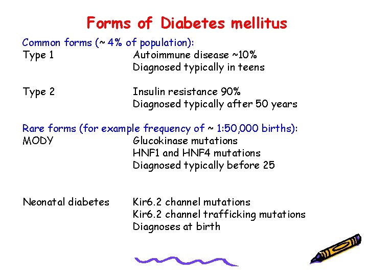 Forms of Diabetes mellitus Common forms (~ 4% of population): Type 1 Autoimmune disease