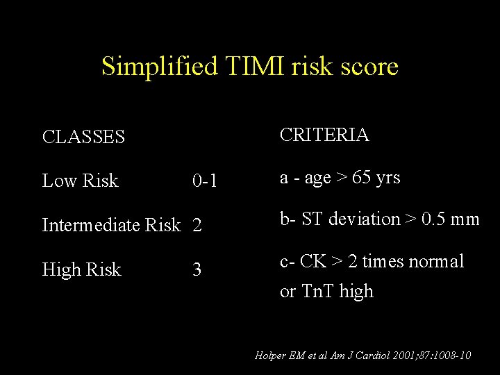 Simplified TIMI risk score CRITERIA CLASSES Low Risk 0 -1 a - age >