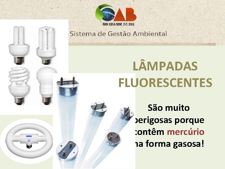 L MPADAS FLUORESCENTES São muito perigosas porque contêm mercúrio na forma gasosa! 