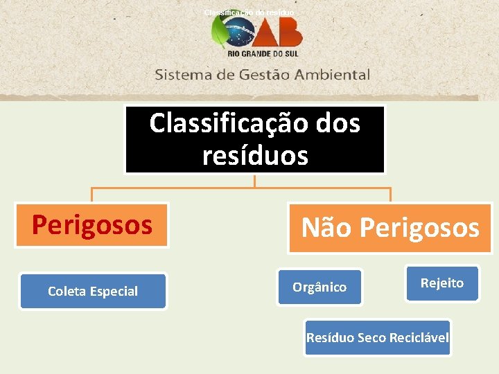 Classificação do resíduo Classificação dos resíduos Perigosos Coleta Especial Não Perigosos Orgânico Rejeito Resíduo
