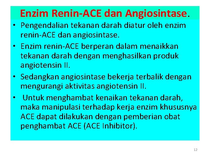 Enzim Renin-ACE dan Angiosintase. • Pengendalian tekanan darah diatur oleh enzim renin-ACE dan angiosintase.