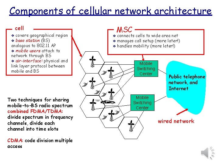 Components of cellular network architecture cell covers geographical region v base station (BS) analogous